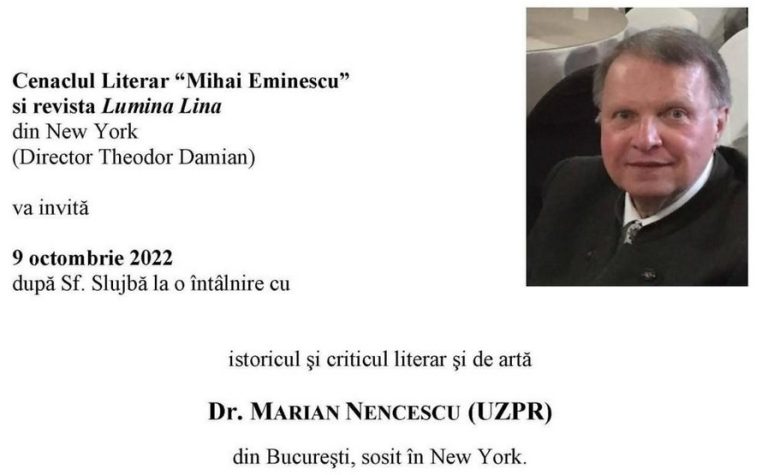 Conferinţă la New York: „Conglomeratul” Urmuz sau obsesiile imaginarului | istoricul şi criticul literar şi de artă Dr. Marian Nencescu (UZPR) | Biserica Sf. Ap. Petru şi Pavel | 9 octombrie 2022