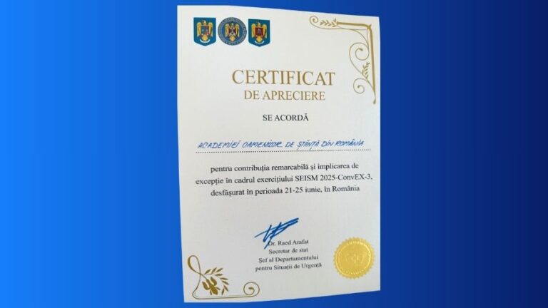 Departamentul pentru Situații de Urgență acordă AOSR certificatul de apreciere